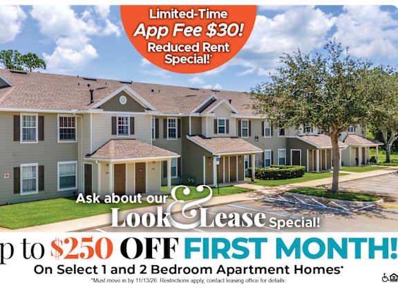 Up to $250 Off First Month's Rent on Select 1 and 2 Bedroom Apartments* Ask About our Look and Lease Special!