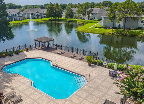 Beautiful and Tranquil Pool Area Overlooking the Pond and Fountain