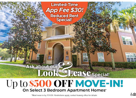 Up to $500 Off Move-In Costs on Select 3 Bedroom Apartment Homes* Ask about our look and lease special!