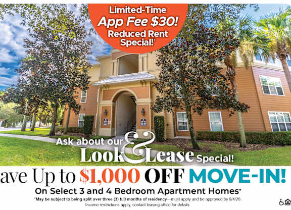Save Up to $1,000 Off Move-In Costs on Select 3 and 4 Bedroom Apartment Homes* Ask About our Look and Lease Special!