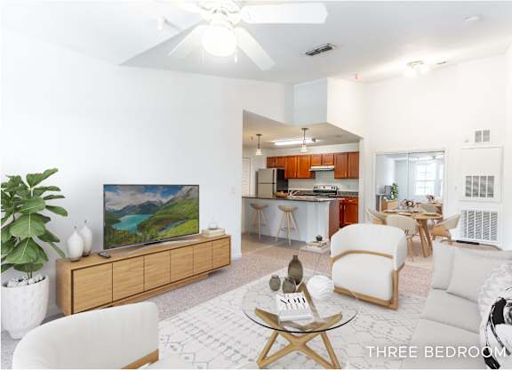 A living room with a television, a sofa, a chair, and a coffee table.
