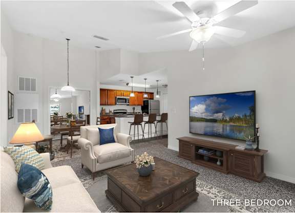 A living room with a television, a couch, a coffee table, and a ceiling fan.