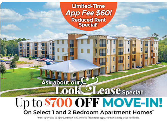 A promotional image for a lease special offering up to $700 off on select 1 and 2 bedroom apartment homes.