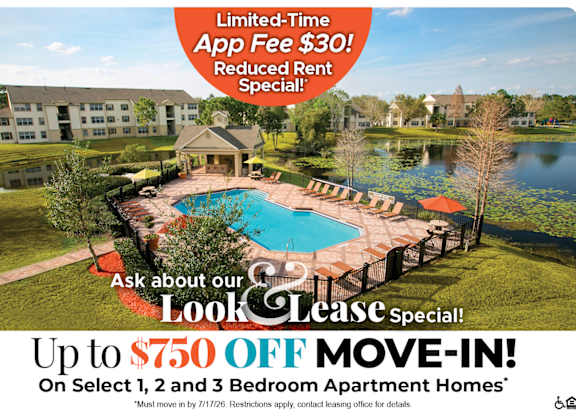 A promotional image for a lease special offering up to $750 off on select apartment homes.