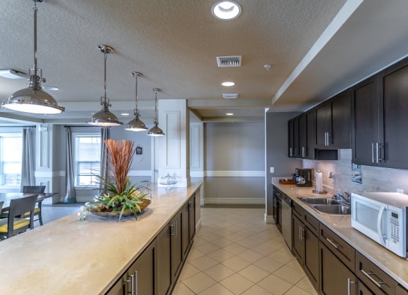 a kitchen with a long counter top and a sink