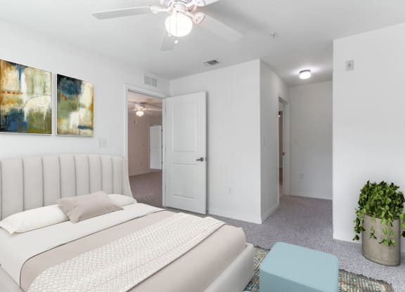 a bedroom with a white bed and white walls