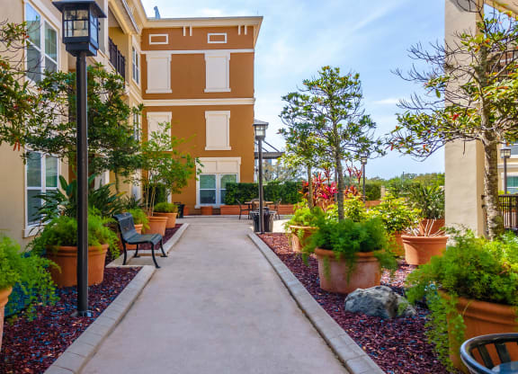 a walkway with benches and potted plants in front of a building