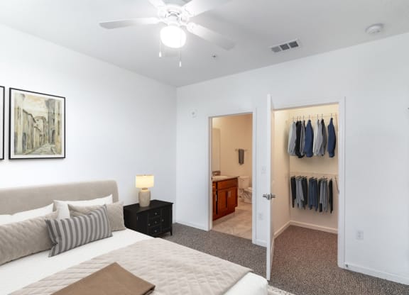 a bedroom with a large bed and a closet