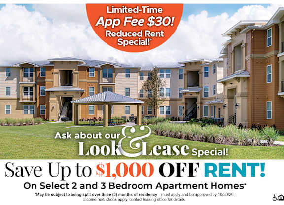 Save Up to $1,000 Off Rent on Select 2 and 3 Bedroom Apartment Homes* Ask About our Look and Lease Special!