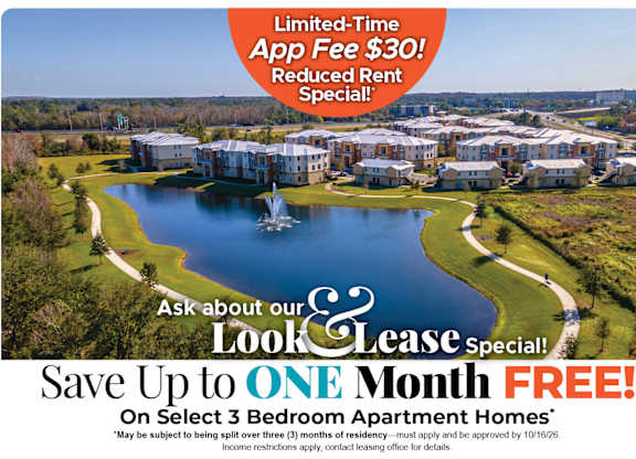 Save Up One Month Free on Select 3 Bedroom Apartment Homes* Ask About our Look and Lease Special!