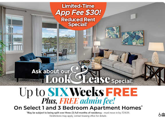 Up to Six Weeks Free on Select 1 and 3 Bedroom Apartment Homes* Ask about our look and lease special! Plus free admin fee!