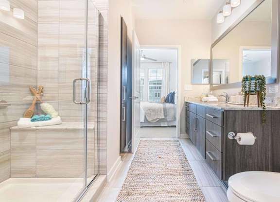 A bathroom with a walk-in shower, a toilet, a sink, and a mirror.