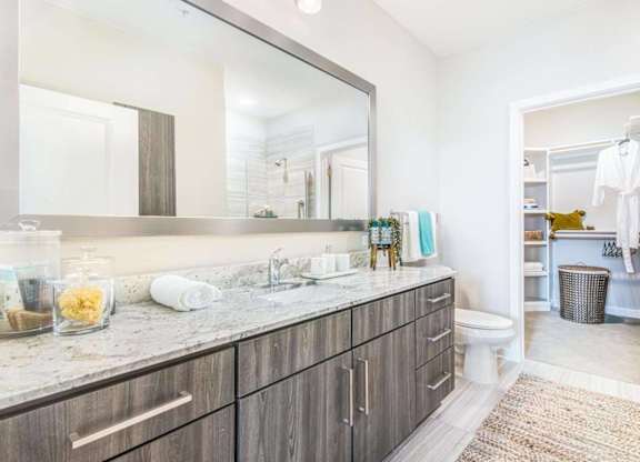 A bathroom with a marble countertop and a large mirror.