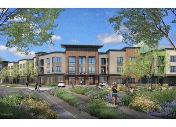 a rendering of a building with people walking in front of it