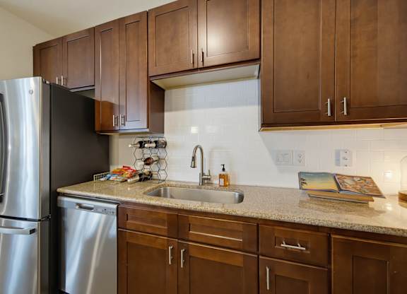 Kitchen counter with an undermount sink, gooseneck faucet, white subway tile backsplash, and a stainless dishwasher.
