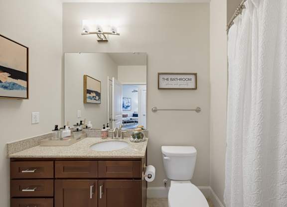 Bathroom with a single-sink vanity, a full-width mirror, wood cabinet storage below, and a curtained tub and shower.