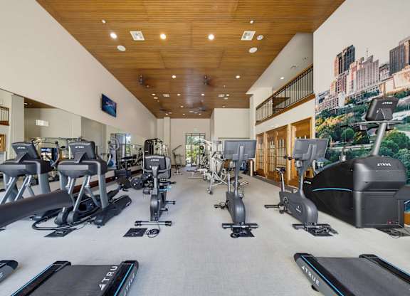 Fitness center with treadmills, upright bikes, and ellipticals set under a wood-slat ceiling and a mirrored wall.