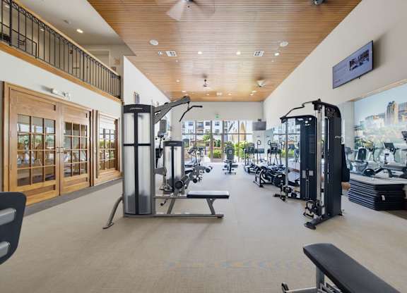 Strength area with cable machines, a padded weight bench, stacked mats, and glass doors opening onto the courtyard.