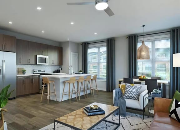 Spacious Living Room and Kitchen Layout with Bar Seating and Natural Light