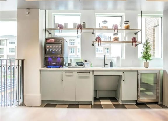 Clubhouse Coffee Bar with Touchscreen Machine, Beverage Cooler & Floating Shelves