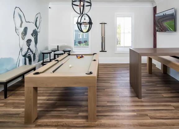 Game room with a pool table, a shuffleboard table, a mounted television, and a painted bulldog mural on the wall.