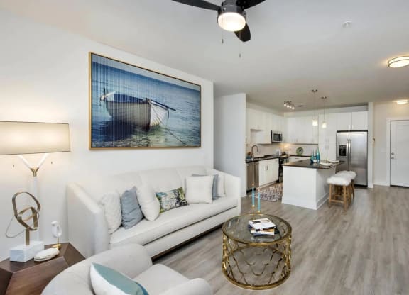 Modern Living Space with Island Kitchen and Contemporary Furnishings