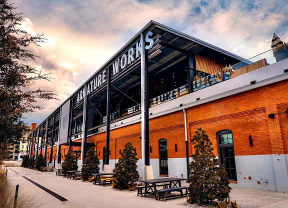 Armature Works Building with Outdoor Seating and Industrial Architecture