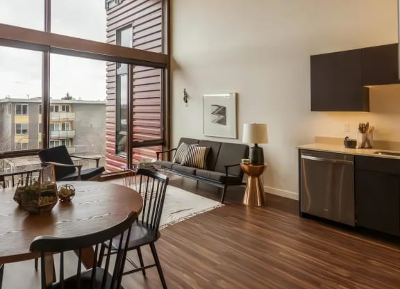 Ballard Lofts Apartment Amenities Large Wood Framed Windows with Pre Installed Specialty Shades
