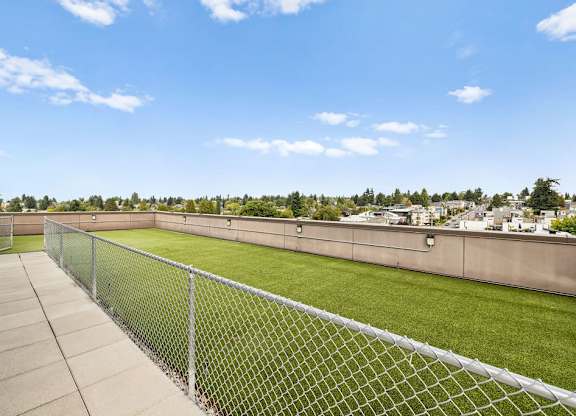 A chain link fence separates a green field from a sidewalk.