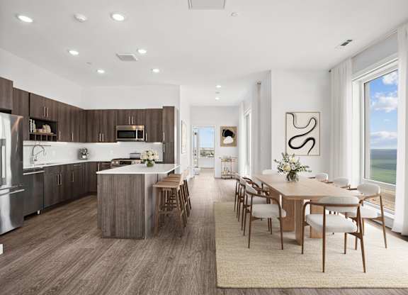 Penthouse kitchen with espresso cabinets, a quartz island with three stools, open to a dining table by tall windows.