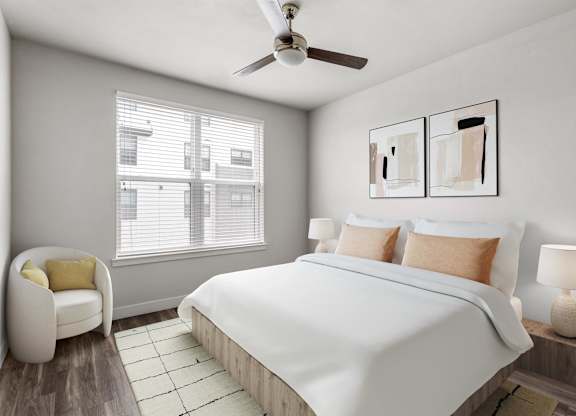 Gateway Arvada Ridge Bright Bedroom with Neutral Decor and Ceiling Fan