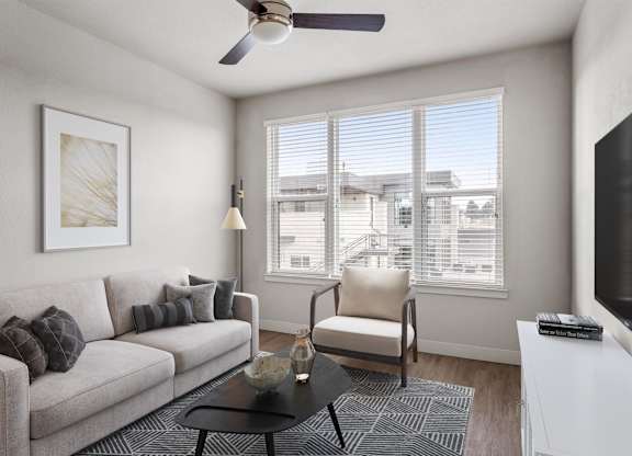 Gateway Arvada Ridge Modern Living Room with Ceiling Fan and Large Windows