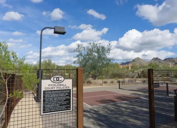 North Scottsdale AZ Apartments - Desert Parks Vista - Outdoor Pickleball Courts, Surrounded by Desert Scenery, Trees, and Mountains
