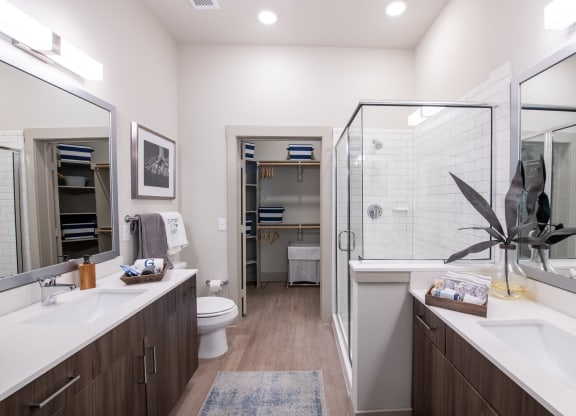 Double Vanity Bathroom with Frameless Glass Shower and Walk-In Closet