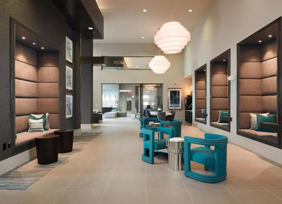Clubhouse Lounge Featuring Cozy Alcoves, Plush Seating, and Designer Lighting