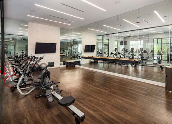 A gym with a variety of exercise equipment.