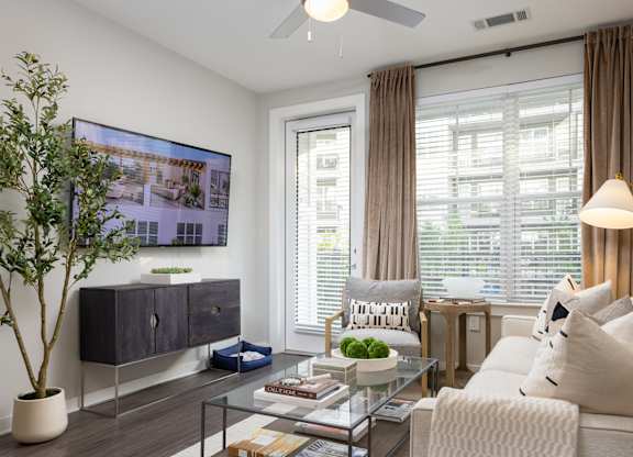 A living room with a television, a couch, a coffee table, and a potted plant.