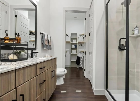 En-Suite Bathroom Featuring Storage Cabinets and Walk-In Closet Access