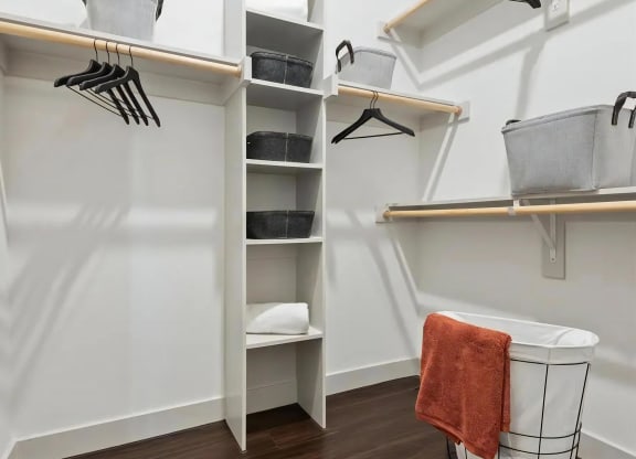 Walk-In Closet with Built-In Shelves, Hanging Rods, and Storage Bins