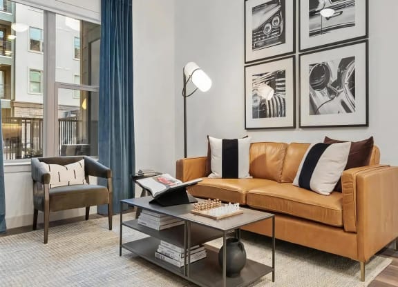 Apartment Lounge Space with Coffee Table and Tall Floor Lamp