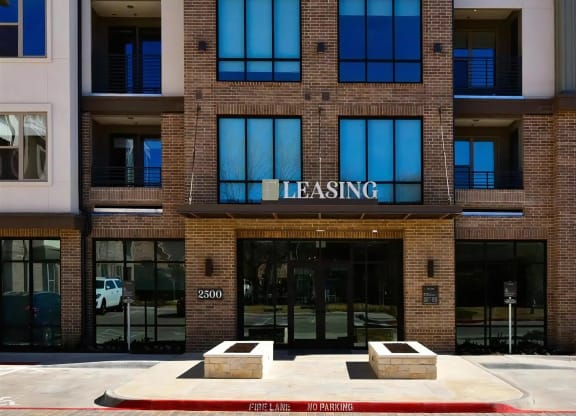 Modern Leasing Office Entrance with Floor-to-Ceiling Windows