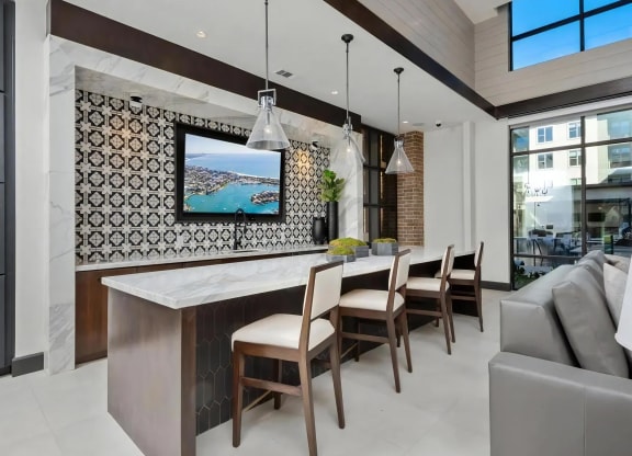 Community Bar with Marble Countertop and Wall-Mounted Screen