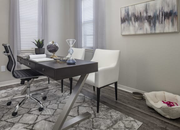 a home office with a desk and chairs and a rug