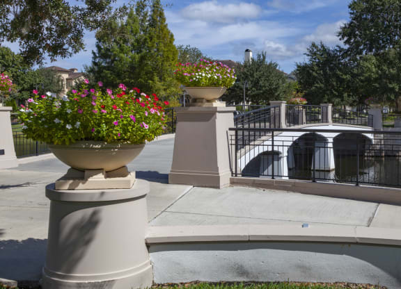a pond with a bridge and flowers in front of a fountain