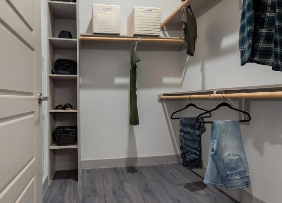 Spacious Walk-In Closet with Built-In Shelving and Ample Hanging Space