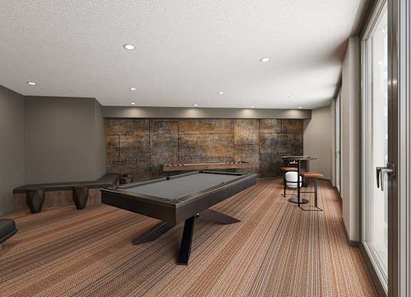 a game room with a pool table and a piano