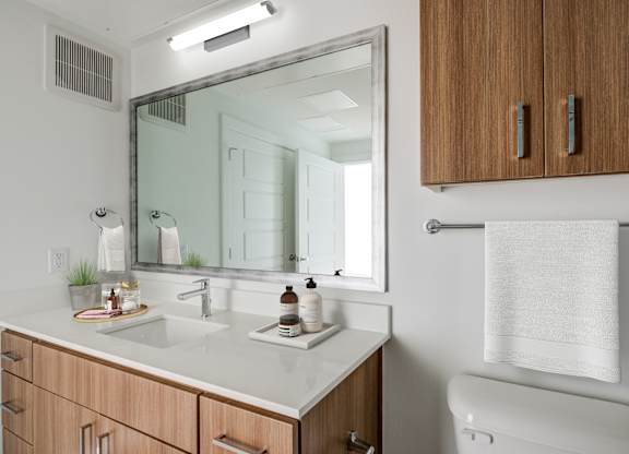 a bathroom with a mirror and a sink and a toilet