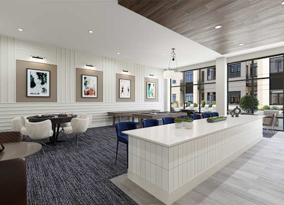 a rendering of a communal area with a table and chairs and a reception desk