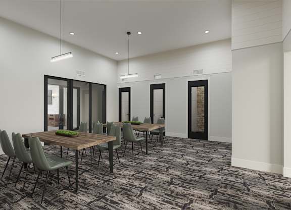 a conference room with a table and chairs