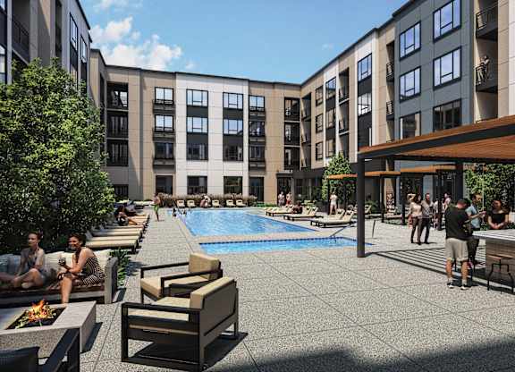 a rendering of an apartment building with a swimming pool